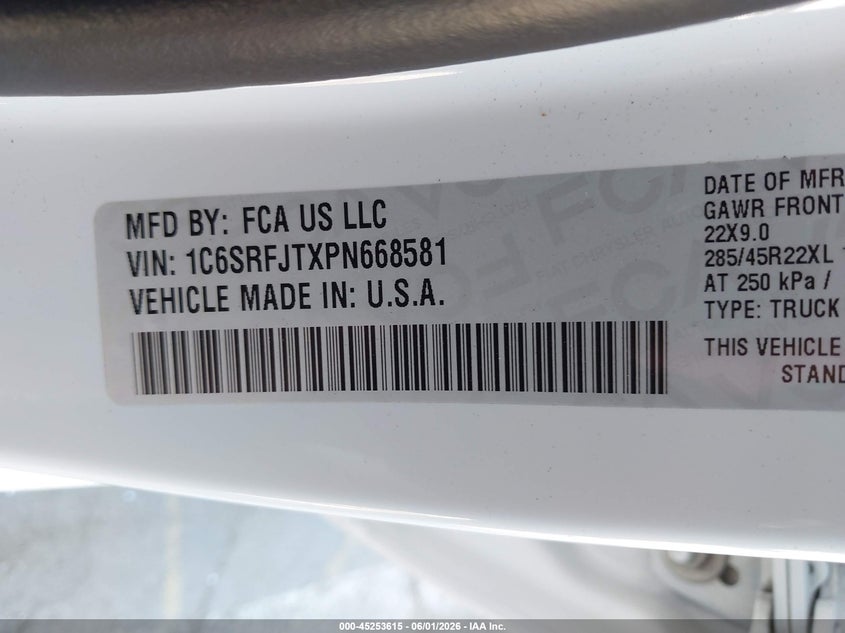 2023 Ram 1500 VIN 1C6SRFJTXPN668581 IAAI salvage auction — LEFT SIDE, Salvage Title, sold $16,300 on 2026-07-29 (photo 9)