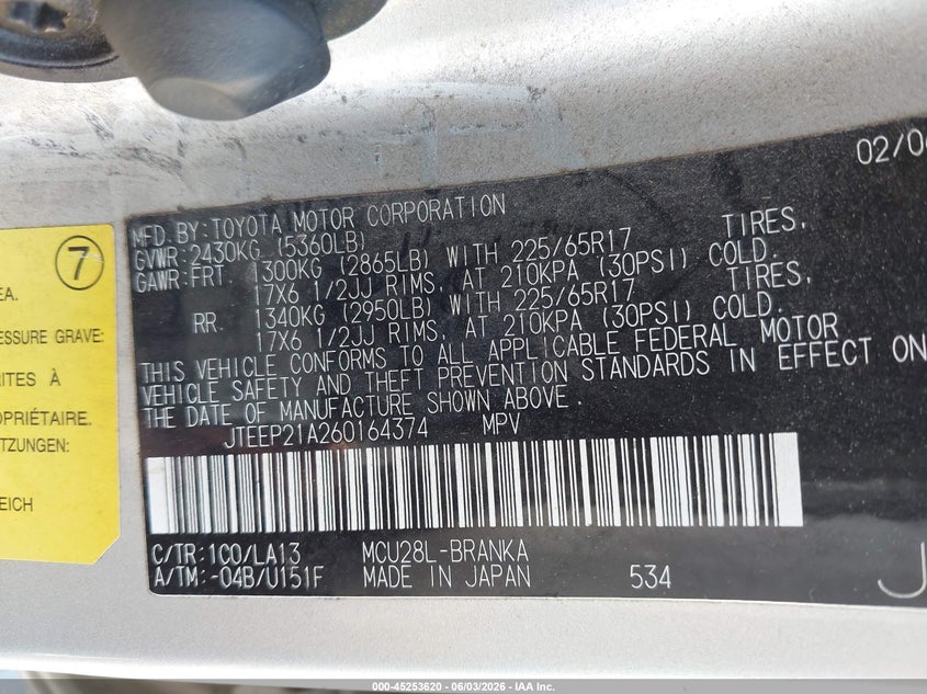 2006 Toyota Highlander VIN JTEEP21A260164374 IAAI salvage auction — NORMAL WEAR, Clear - Dealer Only (California), sold $825 on 2026-07-15 (photo 9)