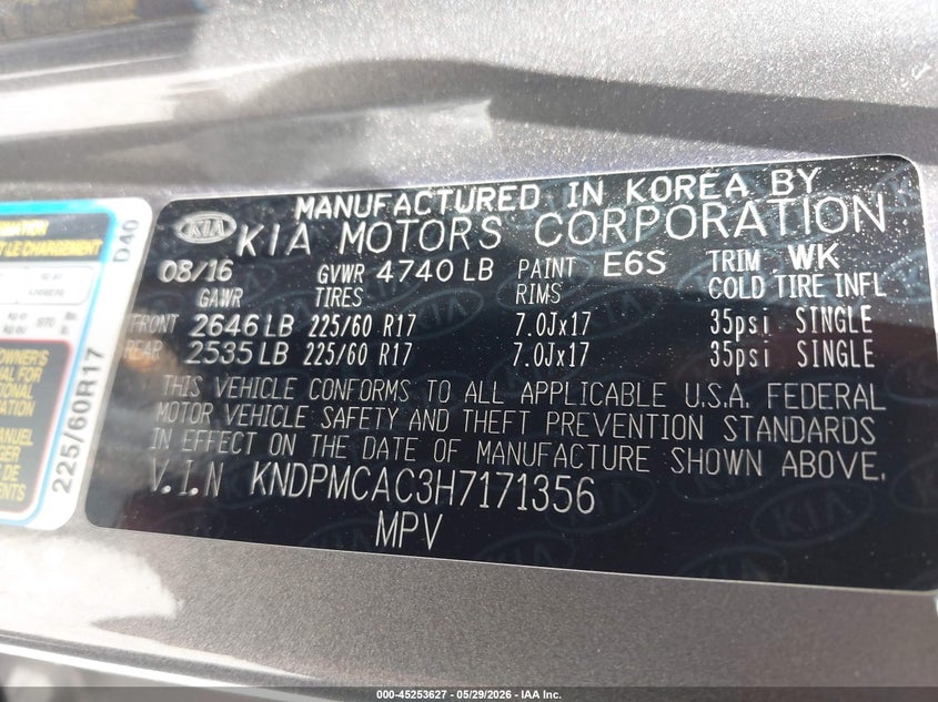 2017 Kia Sportage VIN KNDPMCAC3H7171356 IAAI salvage auction — WATER/FLOOD, Salvage Title, sold $3,050 on 2026-07-09 (photo 9)