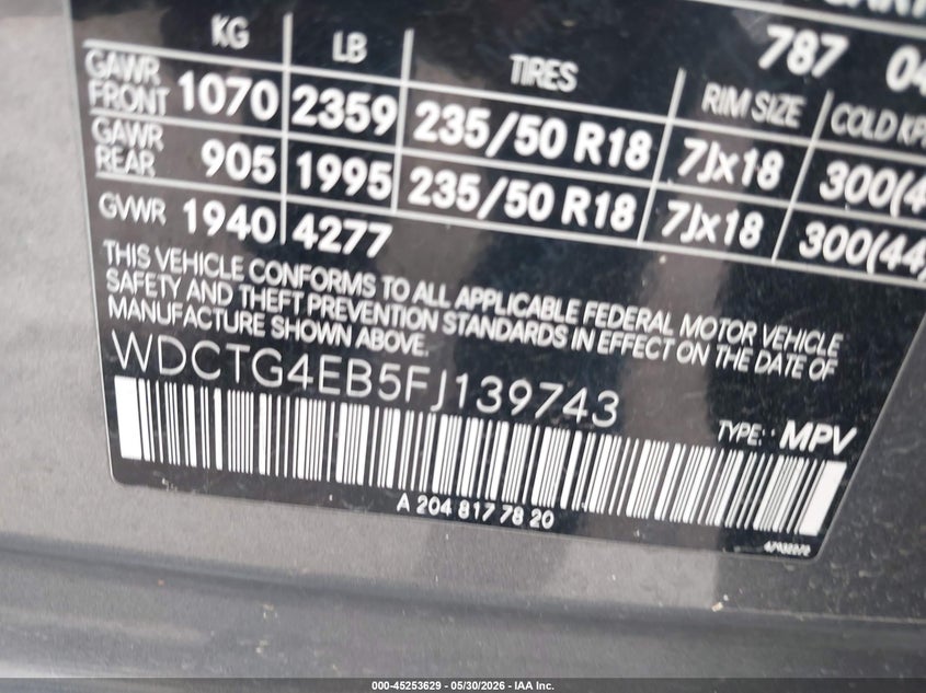 2015 Mercedes-benz Gla-klasse VIN WDCTG4EB5FJ139743 IAAI salvage auction — RIGHT SIDE, Salvage Title, sold $1,350 on 2026-07-20 (photo 9)