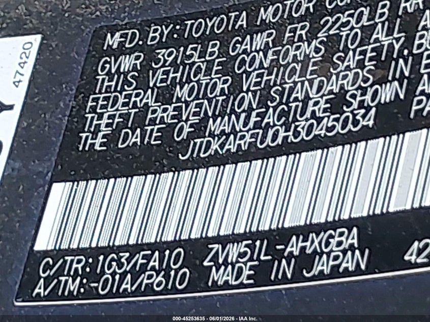 2017 Toyota Prius VIN JTDKARFU0H3045034 IAAI salvage auction — FRONT & REAR, Salvage Title, sold $2,650 on 2026-07-07 (photo 9)
