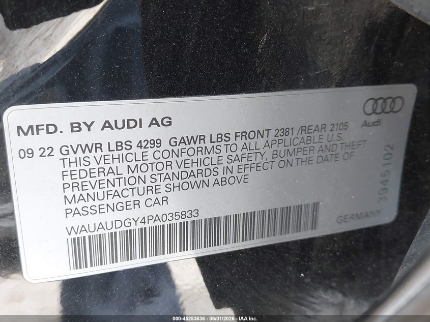 2023 Audi A3 VIN WAUAUDGY4PA035833 IAAI salvage auction — REAR END, Salvage Title, sold $6,600 on 2026-07-31 (photo 9)
