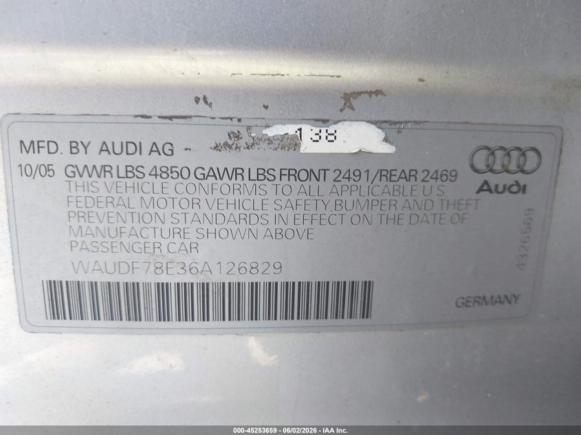 2006 Audi A4 VIN WAUDF78E36A126829 IAAI salvage auction — FRONT END, Original (Texas), sold $450 on 2026-07-08 (photo 9)