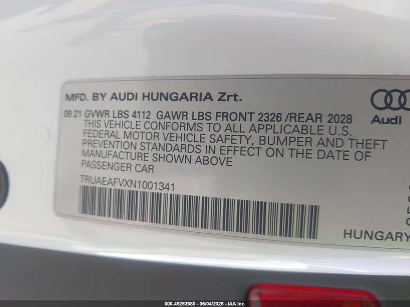 2022 Audi Tt VIN TRUAEAFVXN1001341 IAAI salvage auction — FRONT END, Salvage Title, sold $13,600 on 2026-07-15 (photo 9)