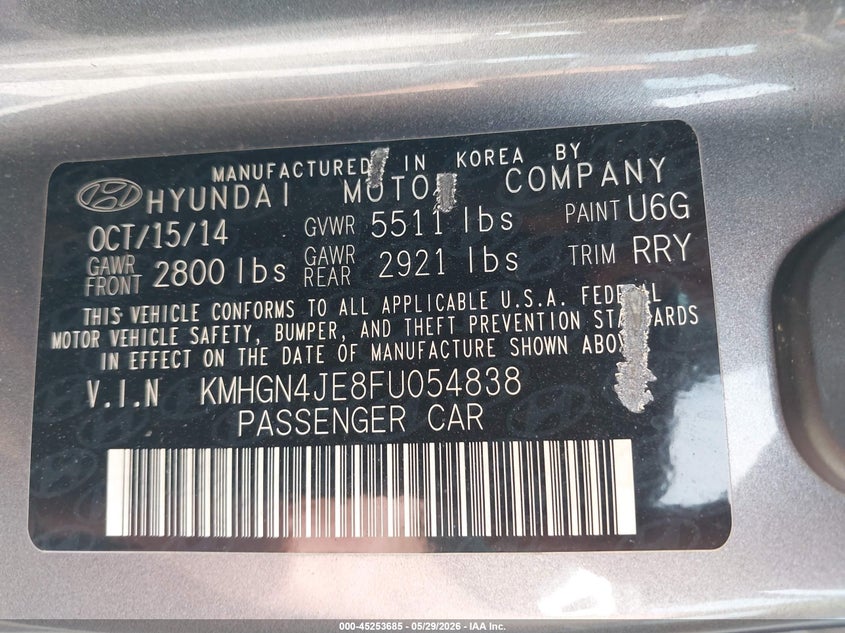 2015 Hyundai Genesis VIN KMHGN4JE8FU054838 IAAI salvage auction — RIGHT FRONT, Salvage Title, sold $3,500 on 2026-07-22 (photo 9)