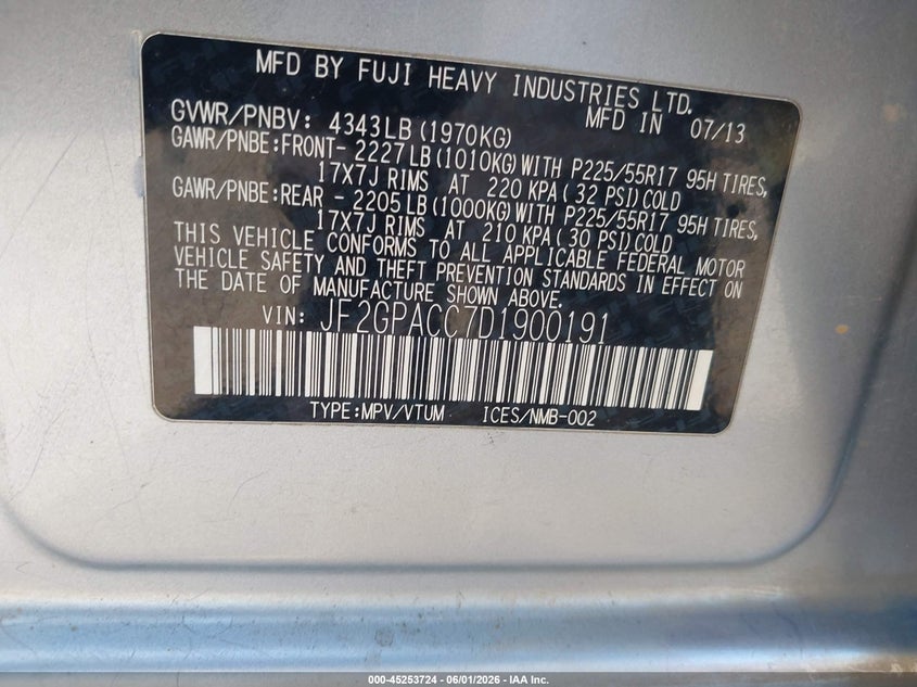 2013 Subaru Xv VIN JF2GPACC7D1900191 IAAI salvage auction — FRONT END, Salvage Title, sold $1,100 on 2026-07-29 (photo 9)