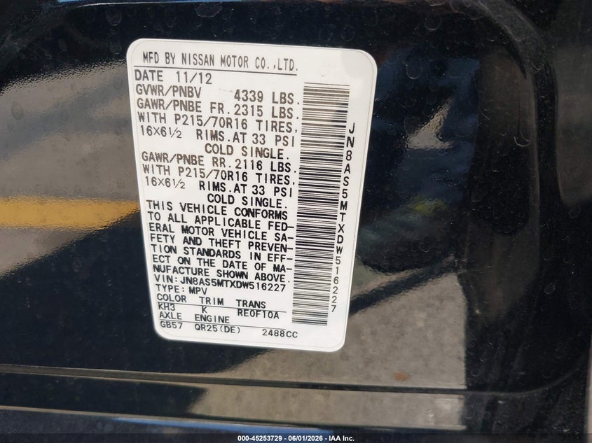 2013 Nissan Rogue VIN JN8AS5MTXDW516227 IAAI salvage auction — LEFT FRONT, Salvage Title, sold $400 on 2026-07-07 (photo 9)