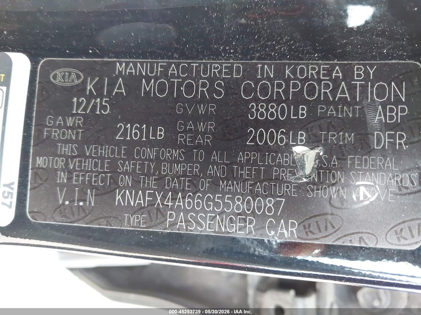 2016 Kia Forte VIN KNAFX4A66G5580087 IAAI salvage auction — RIGHT SIDE, Salvage Title, sold $975 on 2026-07-29 (photo 9)