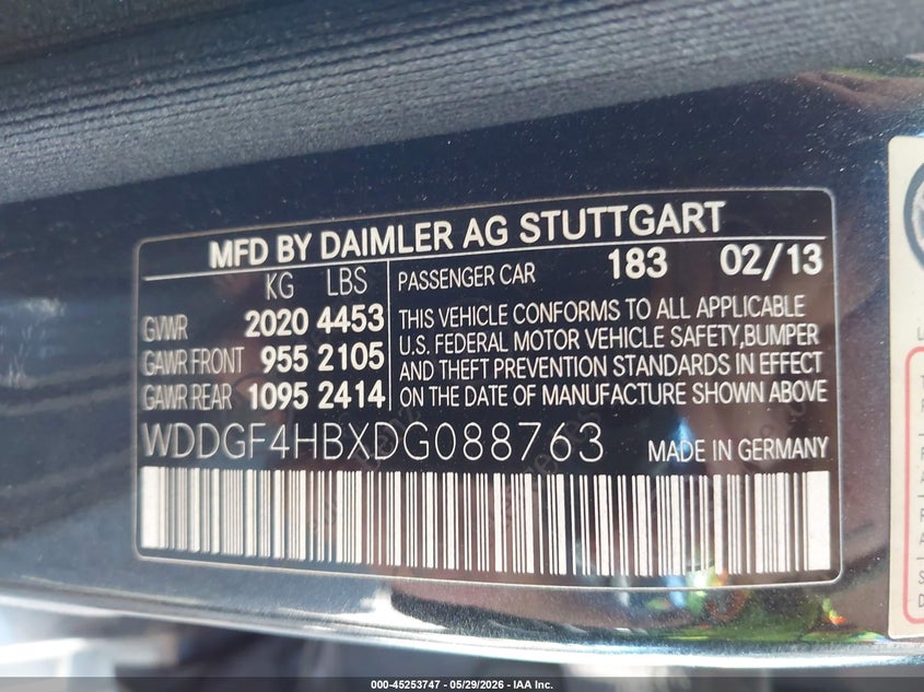 2013 Mercedes-benz C-klasse VIN WDDGF4HBXDG088763 IAAI salvage auction — FRONT END, Salvage Title, sold $450 on 2026-07-14 (photo 9)