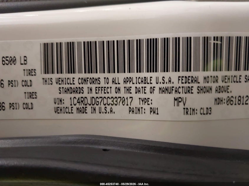 2012 Dodge Durango VIN 1C4RDJDG7CC337017 IAAI salvage auction — FRONT END, Salvage Title, sold $875 on 2026-07-29 (photo 9)