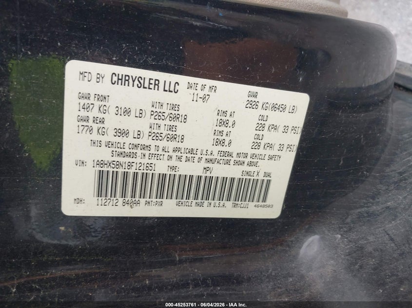 2008 Chrysler Aspen VIN 1A8HX58N18F121651 IAAI salvage auction — WATER/FLOOD, Certificate Of Destruction (Louisiana), sold $425 on 2026-07-14 (photo 9)