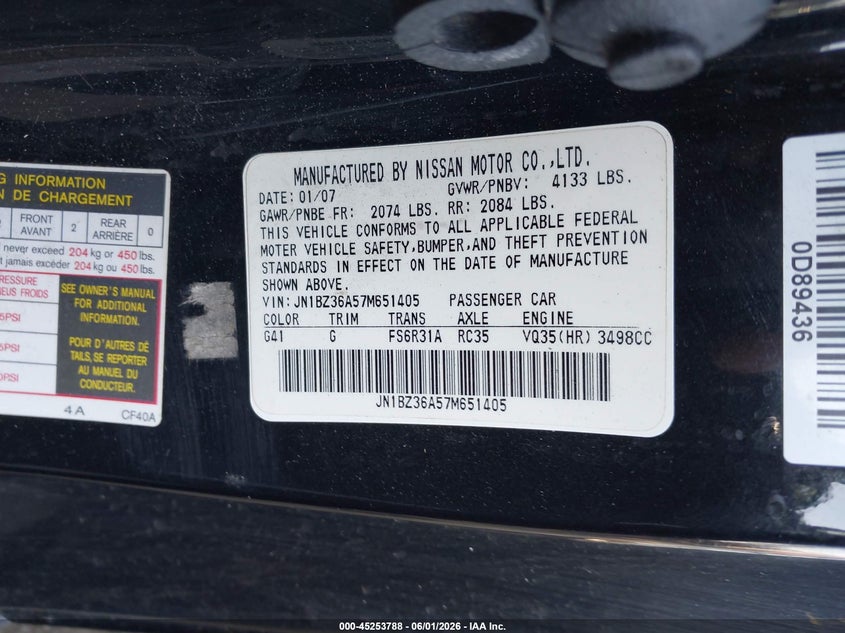 2007 Nissan 350z VIN JN1BZ36A57M651405 IAAI salvage auction — RIGHT SIDE, Salvage (New Jersey), sold $1,000 on 2026-07-27 (photo 9)
