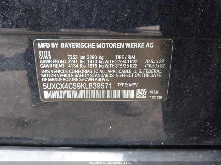2019 BMW X7 VIN 5UXCX4C59KLB39571 IAAI salvage auction — FRONT END, Salvage Title, sold $13,600 on 2026-09-08 (photo 9)