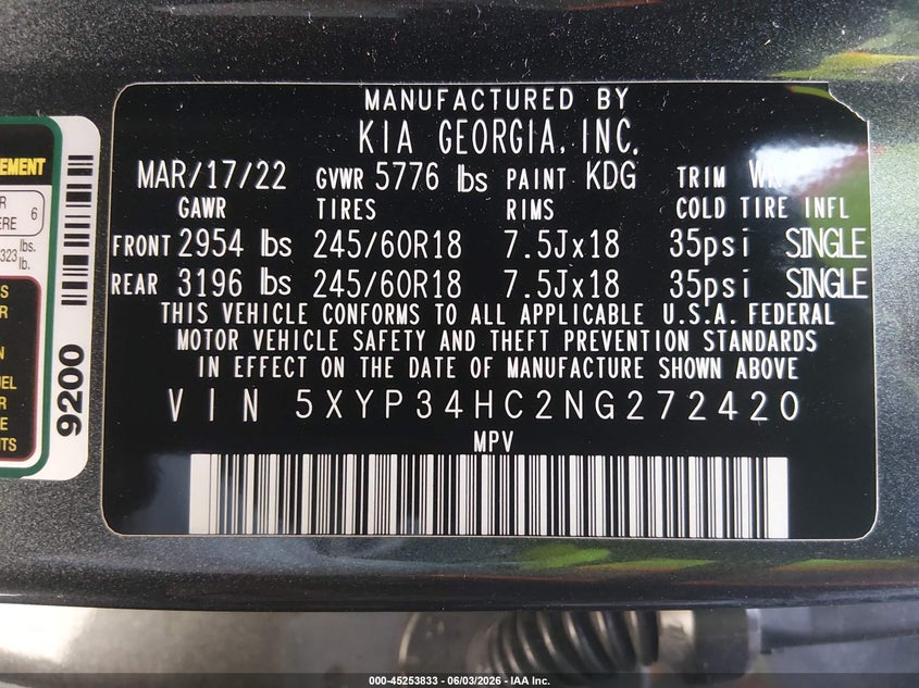 2022 Kia Telluride VIN 5XYP34HC2NG272420 IAAI salvage auction — SIDE, Salvage Title, sold $5,325 on 2026-07-22 (photo 9)