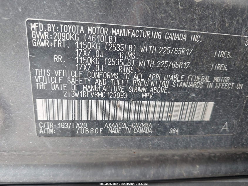 2021 Toyota Rav 4 VIN 2T3W1RFV8MC123093 IAAI salvage auction — RIGHT SIDE, Original (Texas), sold $8,000 on 2026-07-29 (photo 9)