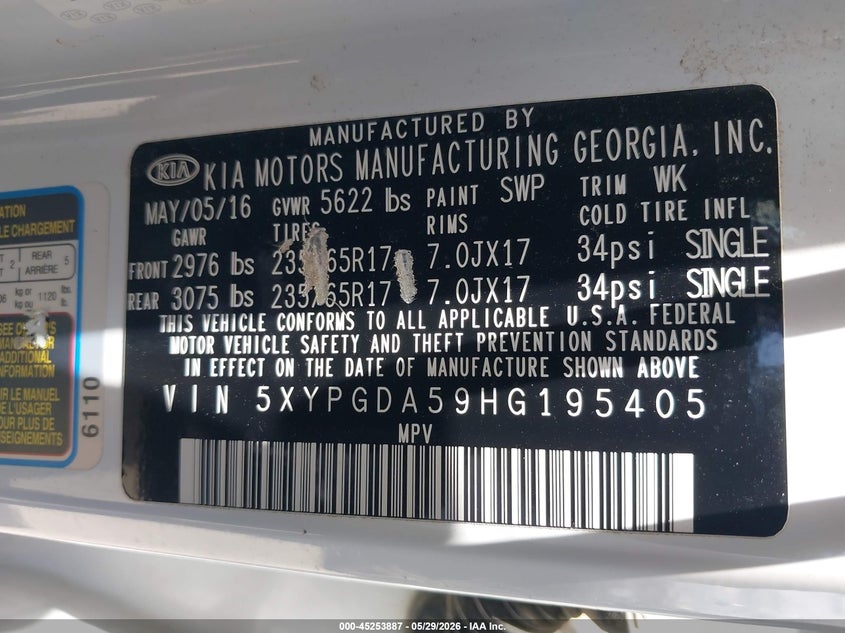 2017 Kia Sorento VIN 5XYPGDA59HG195405 IAAI salvage auction — RIGHT SIDE, Salvage Title, sold $975 on 2026-07-07 (photo 9)