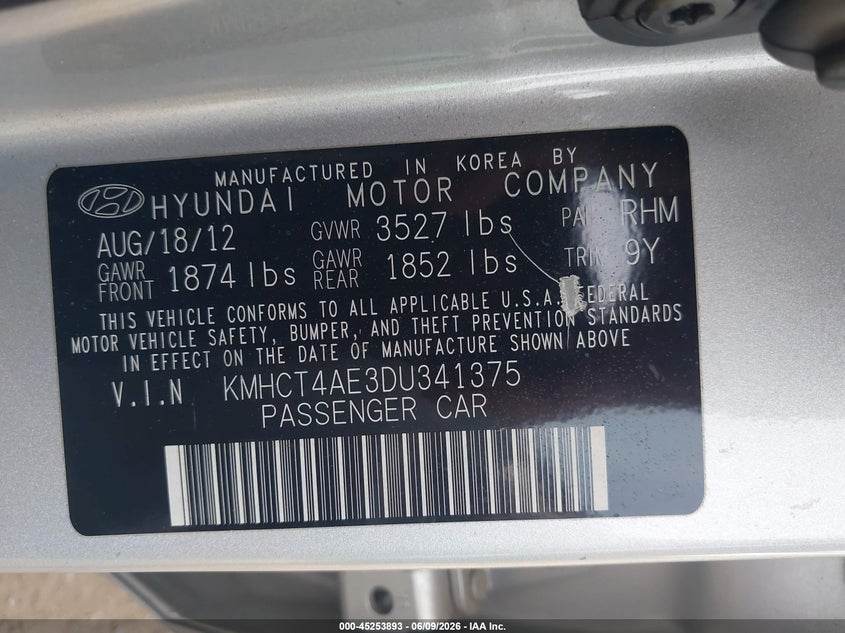 2013 Hyundai Accent VIN KMHCT4AE3DU341375 IAAI salvage auction — FRONT & REAR, Clear (Virginia), sold $825 on 2026-07-28 (photo 9)