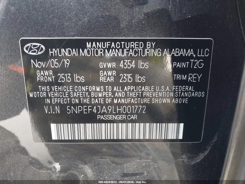 2020 Hyundai Sonata VIN 5NPEF4JA9LH001772 IAAI salvage auction — FRONT END, Salvage Title, sold $975 on 2026-07-28 (photo 9)