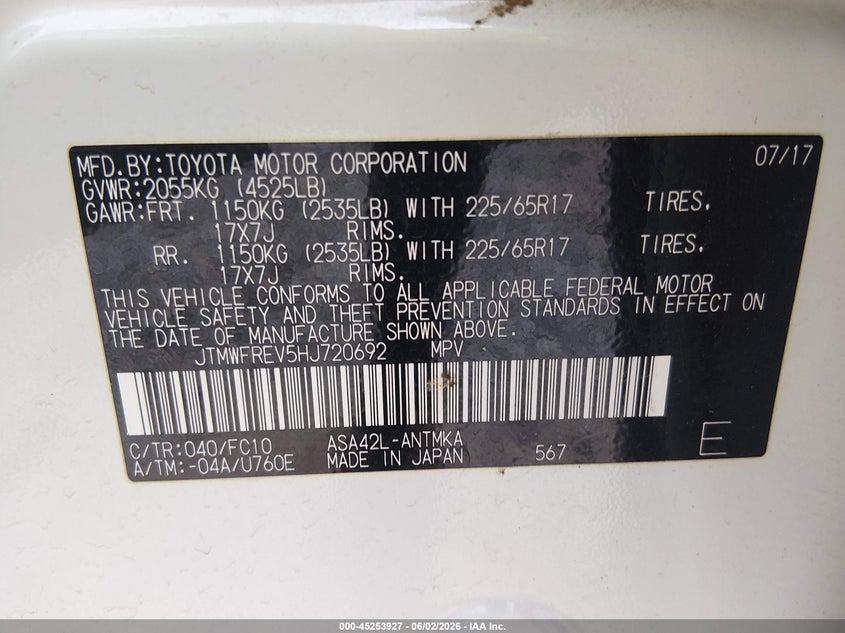 2017 Toyota Rav 4 VIN JTMWFREV5HJ720692 IAAI salvage auction — FRONT END, Salvage Title, sold $3,650 on 2026-07-24 (photo 9)