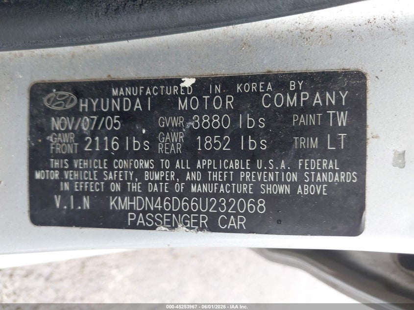 2006 Hyundai Elantra VIN KMHDN46D66U232068 IAAI salvage auction — FRONT END, Clear (Indiana), sold $225 on 2026-07-07 (photo 9)