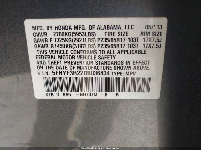 2013 Honda Pilot VIN 5FNYF3H22DB036434 IAAI salvage auction — FRONT END, Salvage Title, sold $25 on 2026-08-19 (photo 9)