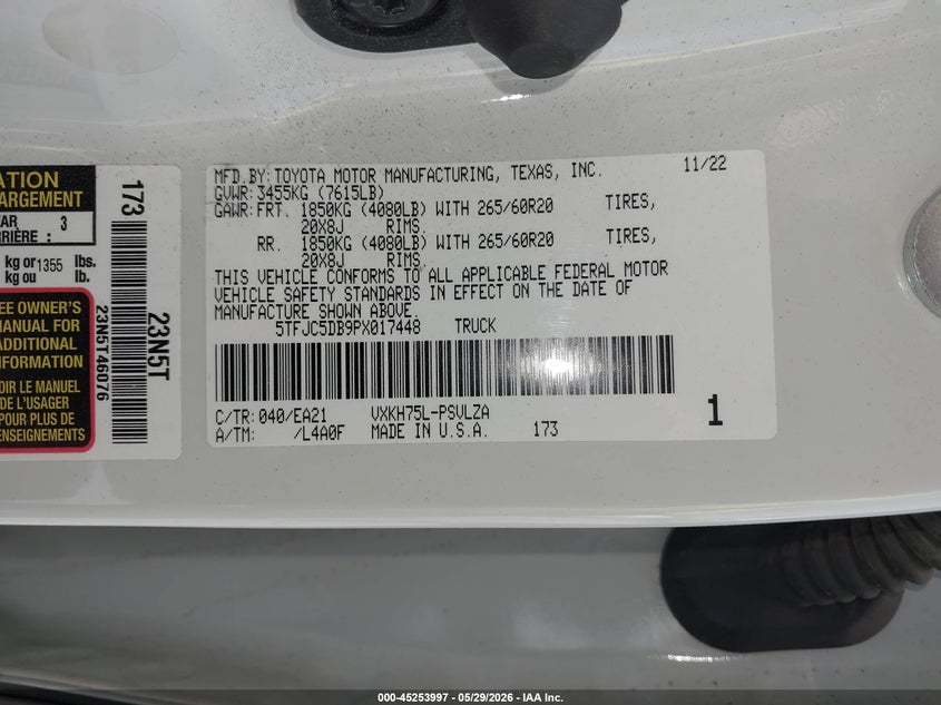 2023 Toyota Tundra VIN 5TFJC5DB9PX017448 IAAI salvage auction — ROLLOVER, Salvage Title, sold $5,100 on 2026-07-29 (photo 9)