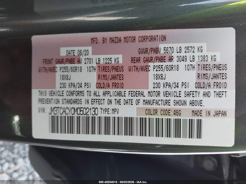 2021 Mazda Cx-9 VIN JM3TCACY0M0502130 IAAI salvage auction — REAR END, Salvage (Alabama), sold $4,650 on 2026-07-29 (photo 9)