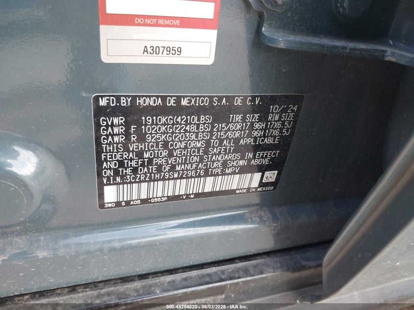 2025 Honda Hr-v VIN 3CZRZ1H79SM729676 IAAI salvage auction — FRONT END, Salvage Title, sold $6,400 on 2026-07-25 (photo 9)