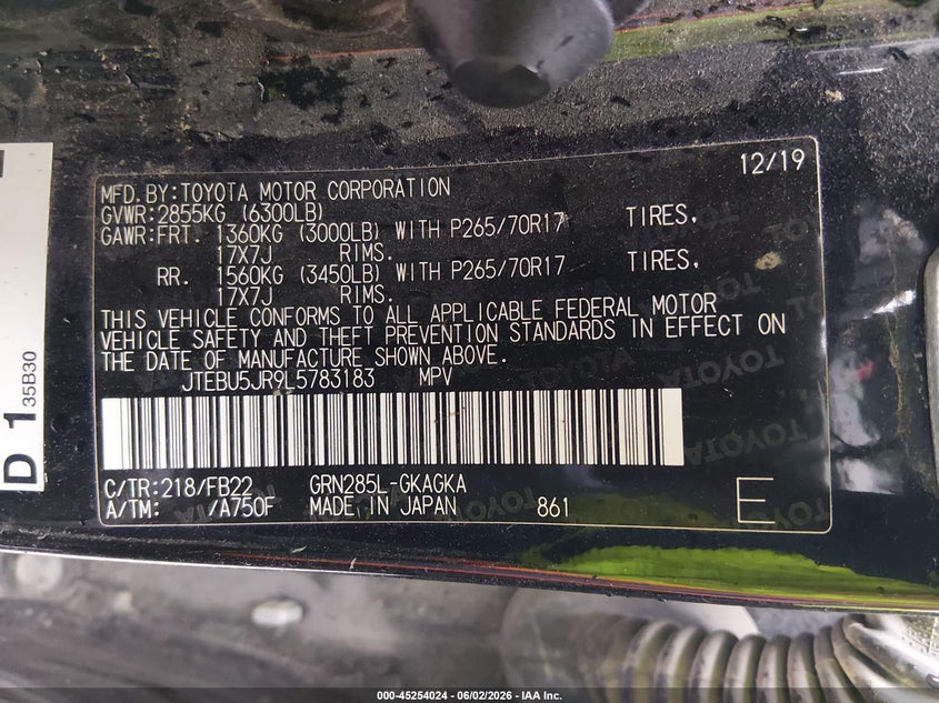 2020 Toyota 4runner VIN JTEBU5JR9L5783183 IAAI salvage auction — BIO HAZARD, Salvage Title, sold $1,550 on 2026-07-10 (photo 9)