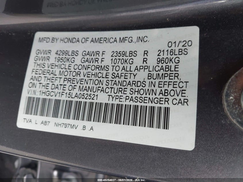 2020 Honda Accord VIN 1HGCV1F15LA052521 IAAI salvage auction — RIGHT REAR, Salvage Title, sold $3,750 on 2026-07-09 (photo 9)