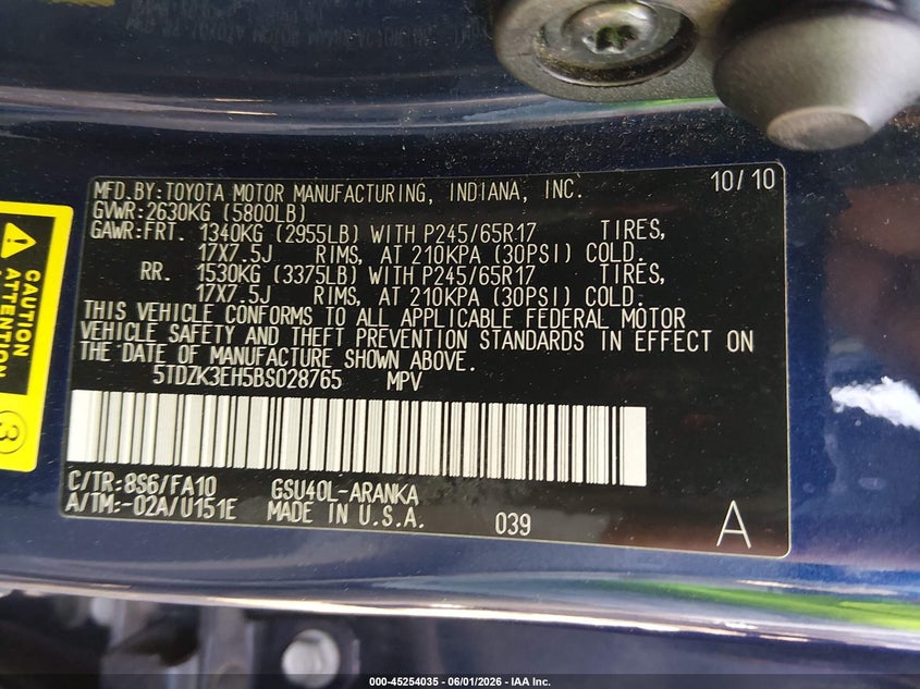 2011 Toyota Highlander VIN 5TDZK3EH5BS028765 IAAI salvage auction — LEFT REAR, Salvage (South Carolina), sold $3,650 on 2026-07-07 (photo 9)