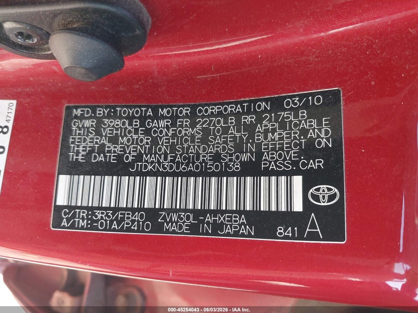 2010 Toyota Prius VIN JTDKN3DU6A0150138 IAAI salvage auction — NORMAL WEAR, Clear-Endorsement (Wisconsin), sold $425 on 2026-07-16 (photo 9)