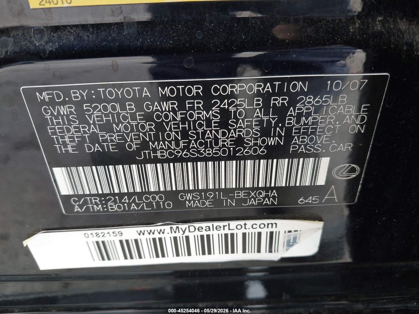 2008 Lexus Gs 450h VIN JTHBC96S385012606 IAAI salvage auction — FRONT END, Salvage (California), sold $925 on 2026-07-08 (photo 9)