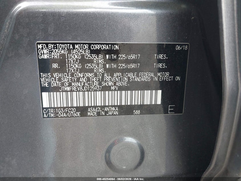 2018 Toyota Rav 4 VIN JTMWFREV8JD125937 IAAI salvage auction — FRONT END, Salvage (South Carolina), sold $5,100 on 2026-07-29 (photo 9)