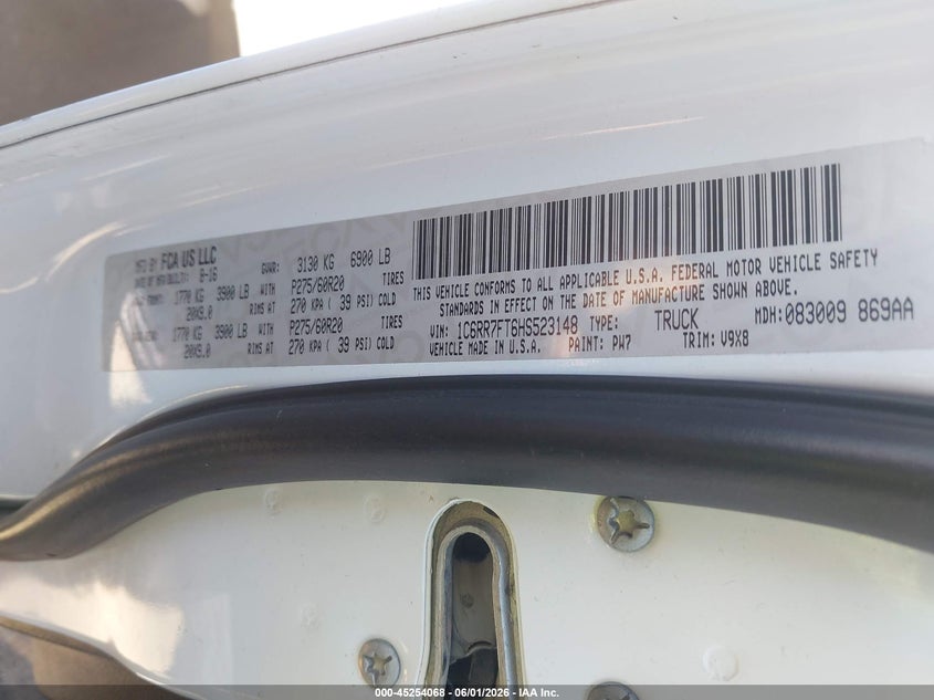 2017 Ram 1500 VIN 1C6RR7FT6HS523148 IAAI salvage auction — FRONT END, Salvage Title, sold $1,125 on 2026-07-22 (photo 9)