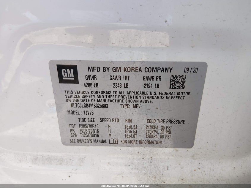 2021 Chevrolet Trax VIN KL7CJLSB4MB325803 IAAI salvage auction — RIGHT FRONT, Salvage Title, sold $775 on 2026-07-06 (photo 9)