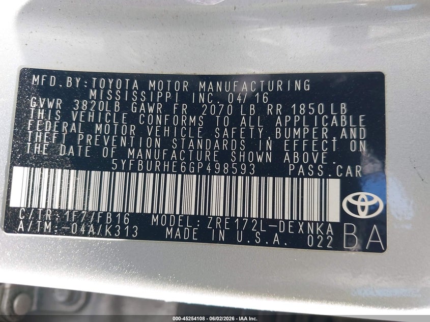 2016 Toyota Corolla VIN 5YFBURHE6GP498593 IAAI salvage auction — RIGHT FRONT, Salvage Title, sold $3,000 on 2026-07-15 (photo 9)