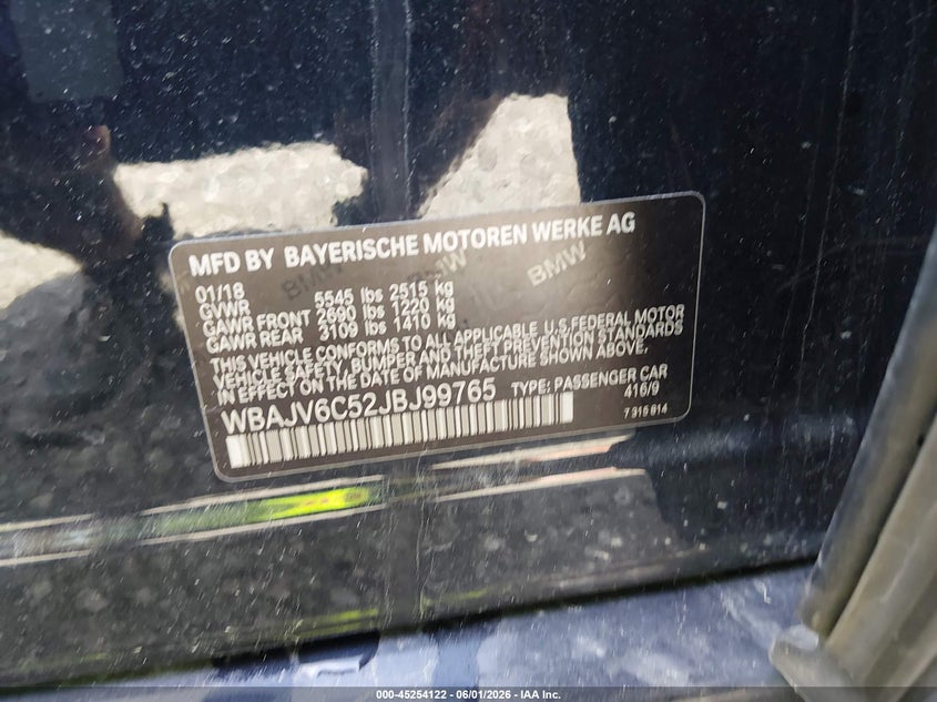 2018 BMW 6er VIN WBAJV6C52JBJ99765 IAAI salvage auction — SIDE, Salvage Title, sold $1,800 on 2026-07-28 (photo 9)