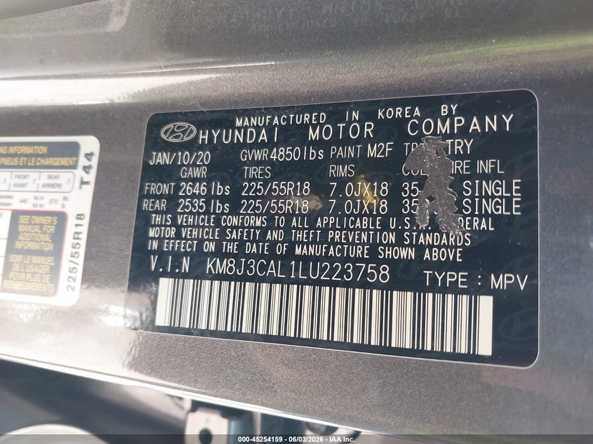 2020 Hyundai Tucson VIN KM8J3CAL1LU223758 IAAI salvage auction — REAR END, Salvage Title, sold $4,100 on 2026-07-17 (photo 9)