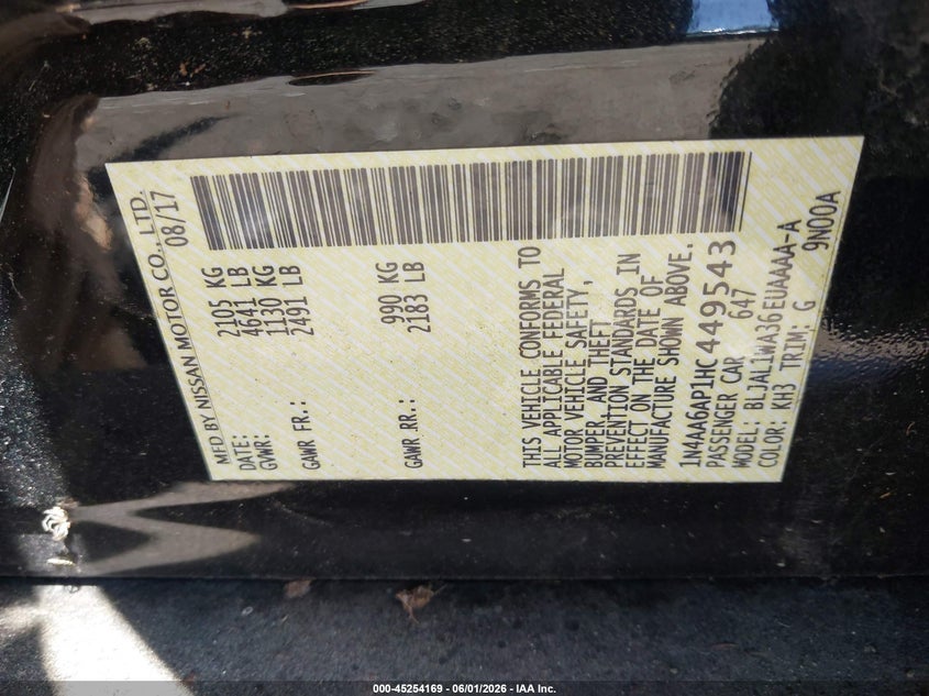2017 Nissan Maxima VIN 1N4AA6AP1HC449543 IAAI salvage auction — NORMAL WEAR, Salvage Title, sold $7,175 on 2026-07-07 (photo 9)
