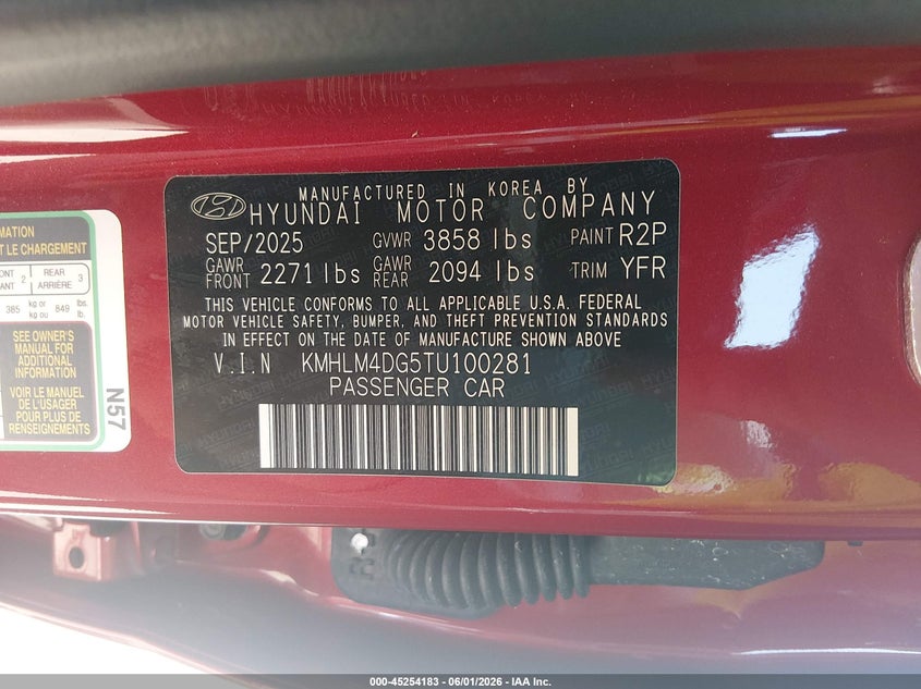 2026 Hyundai Elantra VIN KMHLM4DG5TU100281 IAAI salvage auction — FRONT END, Salvage Title, sold $5,300 on 2026-07-23 (photo 9)