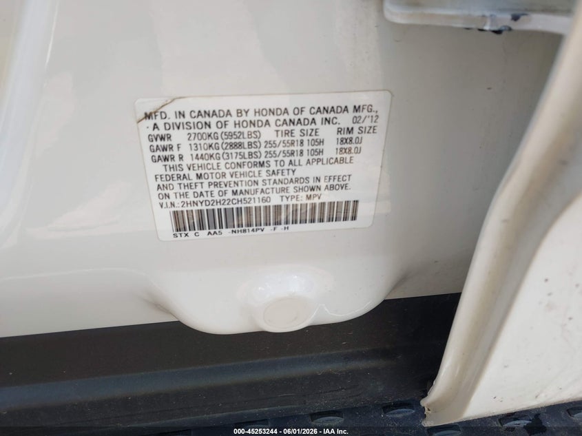 2012 Acura Mdx VIN 2HNYD2H22CH521160 IAAI salvage auction — REAR END, Salvage Title, sold $300 on 2026-07-22 (photo 9)