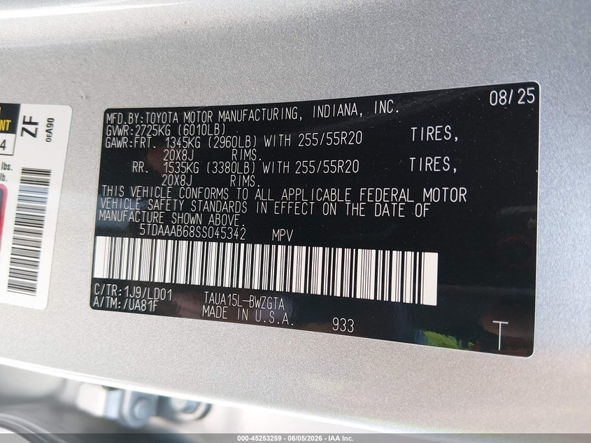 2025 Lexus Tx VIN 5TDAAAB65SS045342 IAAI salvage auction — FRONT END, Salvage Title, sold $20,900 on 2026-08-17 (photo 9)