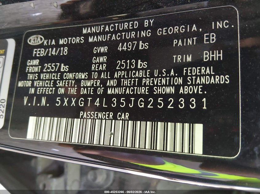 2018 Kia Optima VIN 5XXGT4L35JG252331 IAAI salvage auction — NORMAL WEAR, Original (Kentucky), sold $1,875 on 2026-07-20 (photo 9)