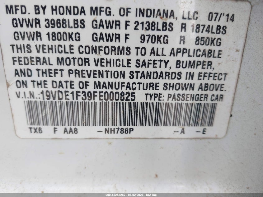 2015 Acura Ilx VIN 19VDE1F39FE000825 IAAI salvage auction — ROLLOVER, Salvage (Texas), sold $325 on 2026-08-03 (photo 9)