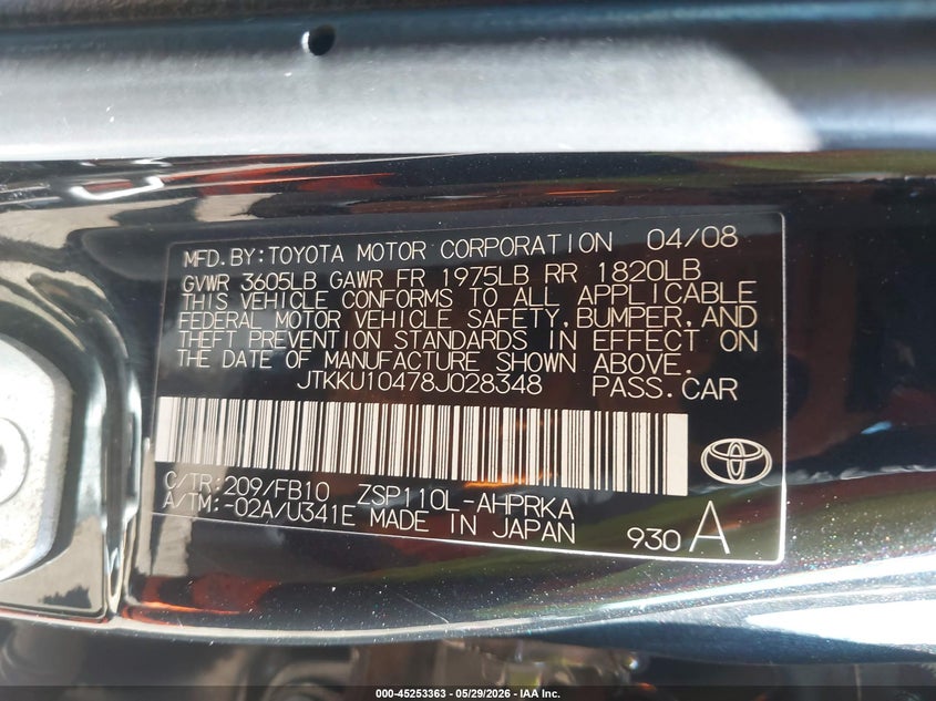 2008 Scion Xd VIN JTKKU10478J028348 IAAI salvage auction — FRONT END, Salvage - Greater Than 75% (Maryland), sold $550 on 2026-07-29 (photo 9)