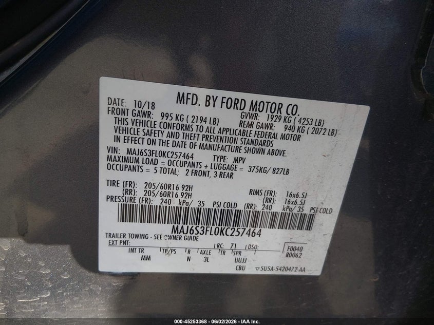 2019 Ford Ecosport VIN MAJ6S3FL0KC257464 IAAI salvage auction — RIGHT FRONT, Salvage (Texas), sold $1,450 on 2026-07-28 (photo 9)