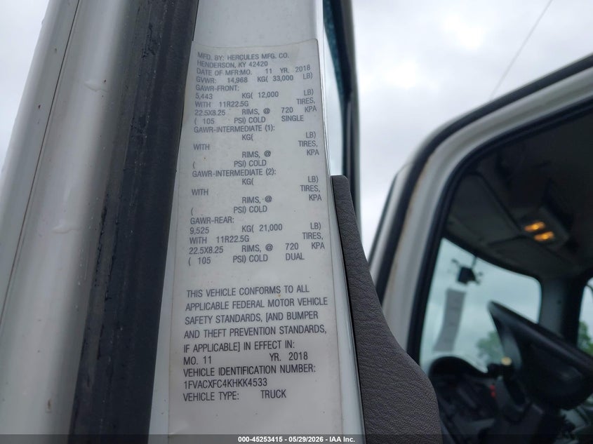 2019 Freightliner M2 106 VIN 1FVACXFC4KHKK4533 IAAI salvage auction — SIDE, Clear (Indiana), sold $13,400 on 2026-07-15 (photo 8)