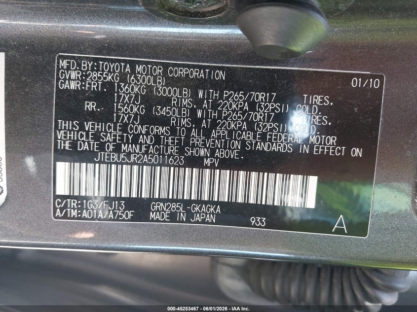 2010 Toyota 4runner VIN JTEBU5JR2A5011623 IAAI salvage auction — RIGHT FRONT, Salvage - Greater Than 75% (Maryland), sold $6,800 on 2026-07-28 (photo 9)