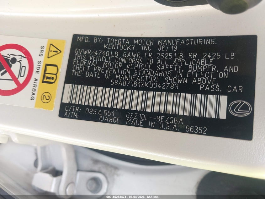 2019 Lexus ES VIN 58ABZ1B1XKU042783 IAAI salvage auction — LEFT FRONT, Salvage Title, sold $13,500 on 2026-07-31 (photo 9)